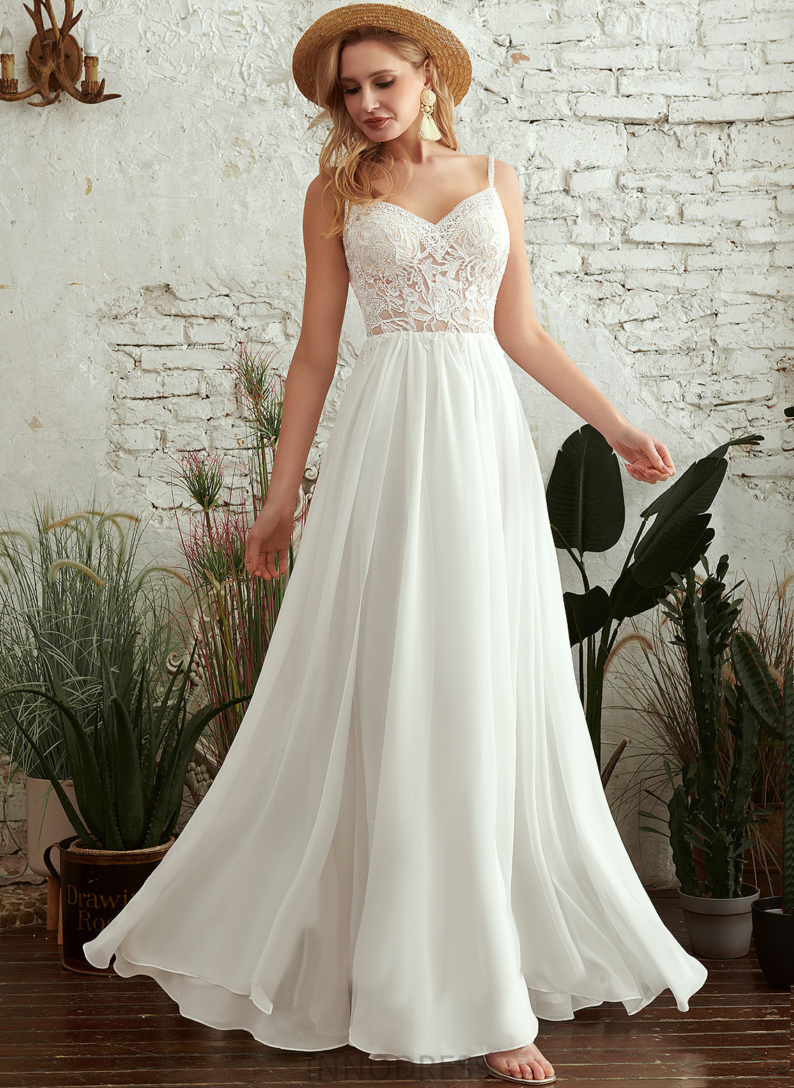 Floor-Length A-Line Wedding With V-neck Chiffon Wedding Dresses Lace Dress Beading Ireland