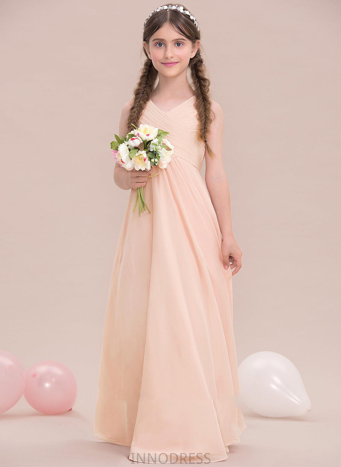 A-Line With V-neck Junior Bridesmaid Dresses Ruffle Chiffon Joyce Floor-Length