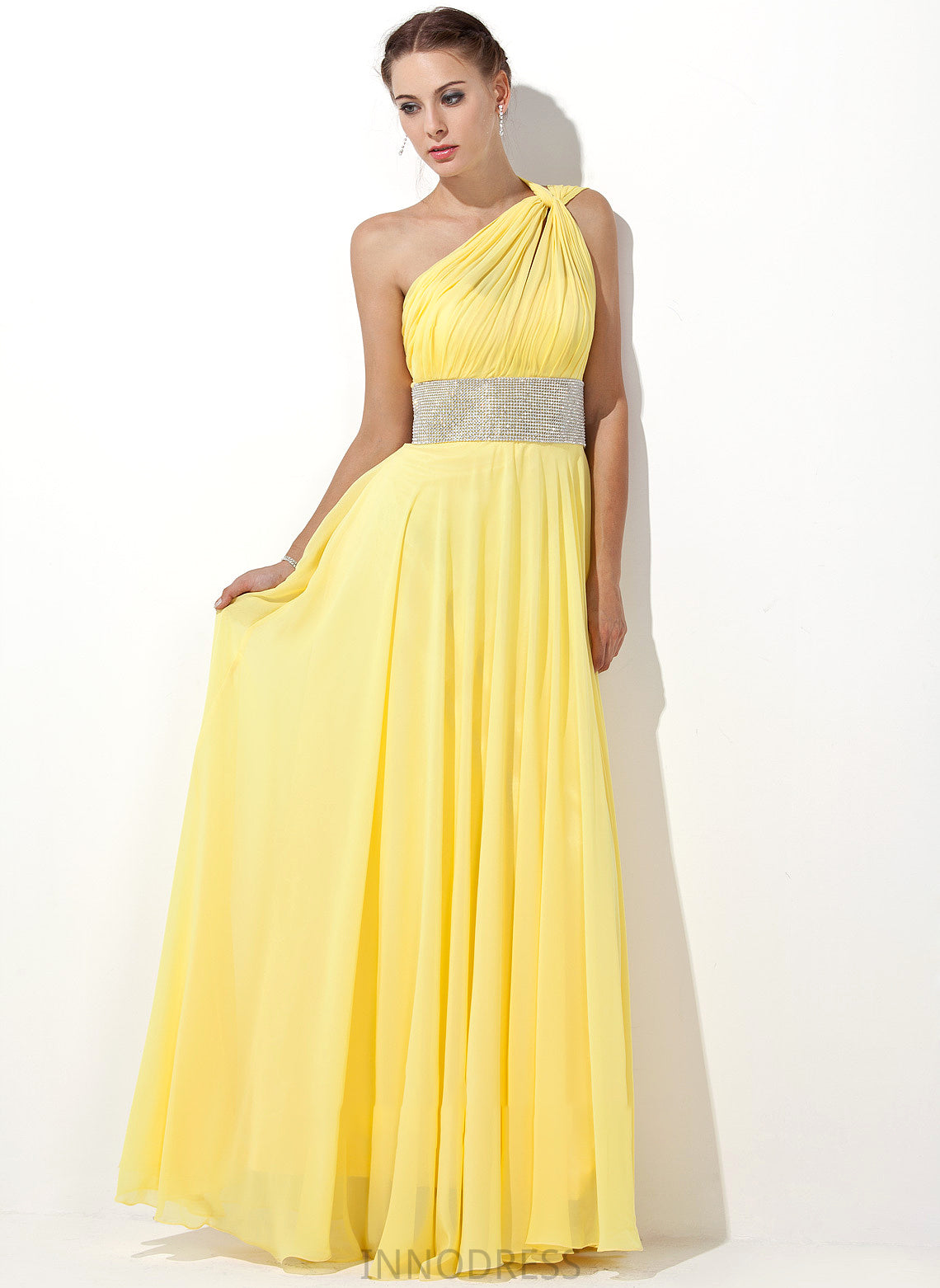 A-Line Beading Floor-Length With Diana Chiffon Prom Dresses One-Shoulder Ruffle