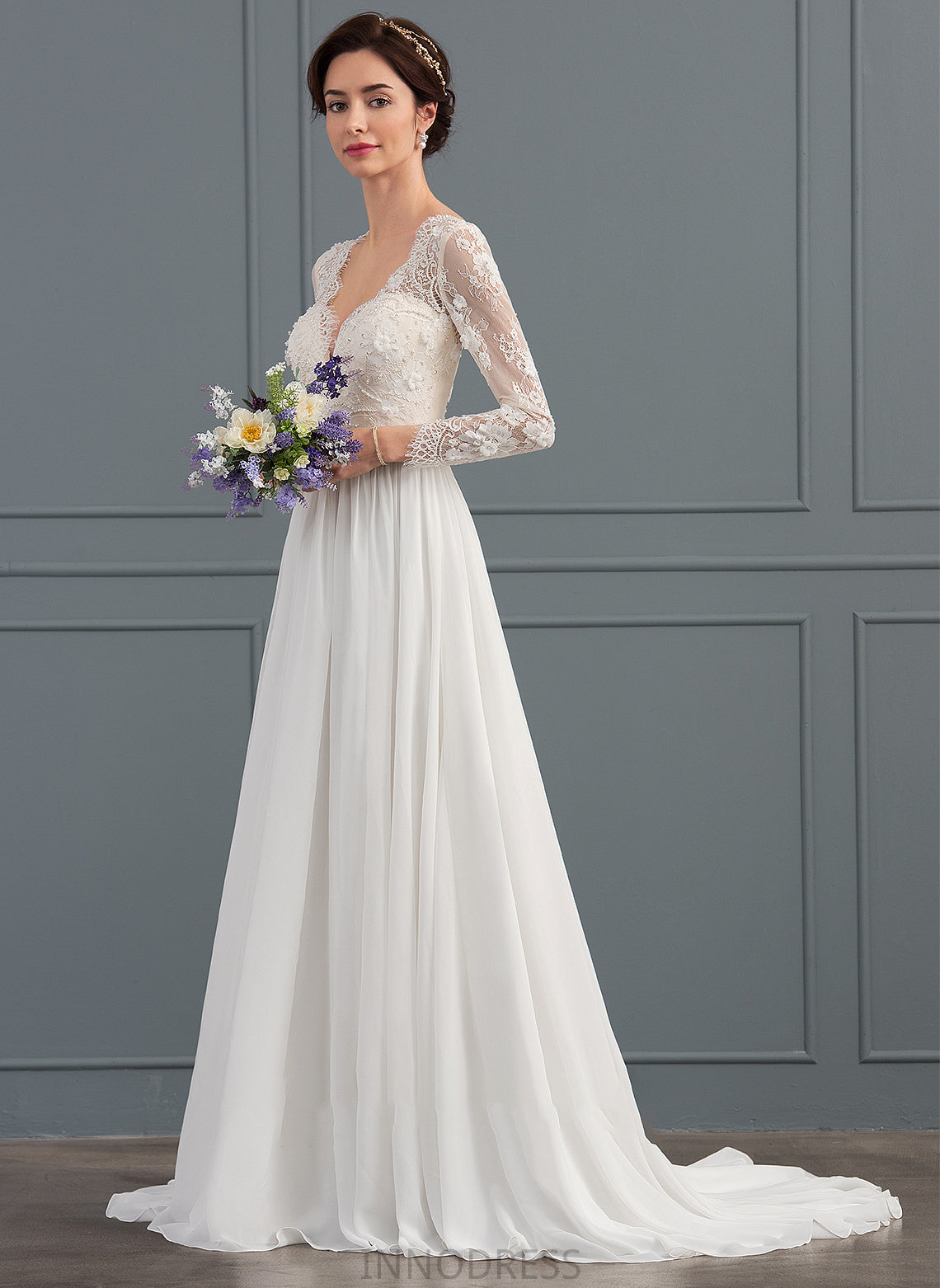 With Wedding Dresses Joslyn Dress V-neck Wedding Sequins Sweep A-Line Chiffon Train Beading