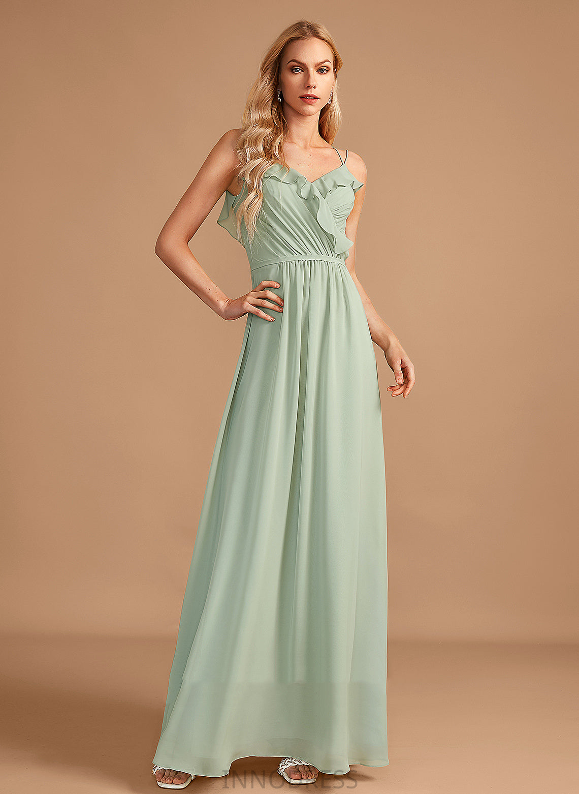 Embellishment Neckline Fabric A-Line Floor-Length Silhouette Length V-neck Ruffle Millie V-Neck Sleeveless Bridesmaid Dresses