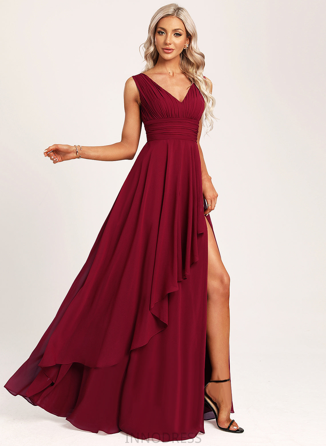 Fabric Length Ruffle Silhouette A-Line Embellishment Neckline V-neck Floor-Length Sherlyn V-Neck Floor Length Bridesmaid Dresses