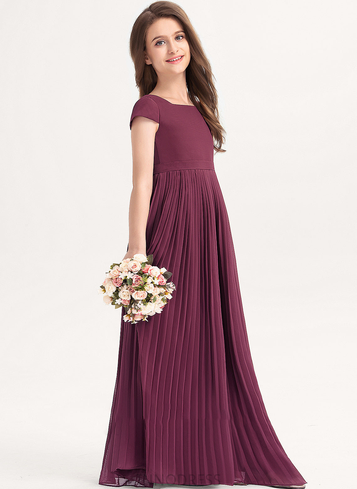 Bow(s) Chiffon Junior Bridesmaid Dresses Floor-Length Square Dalia Lace Pleated Neckline A-Line With