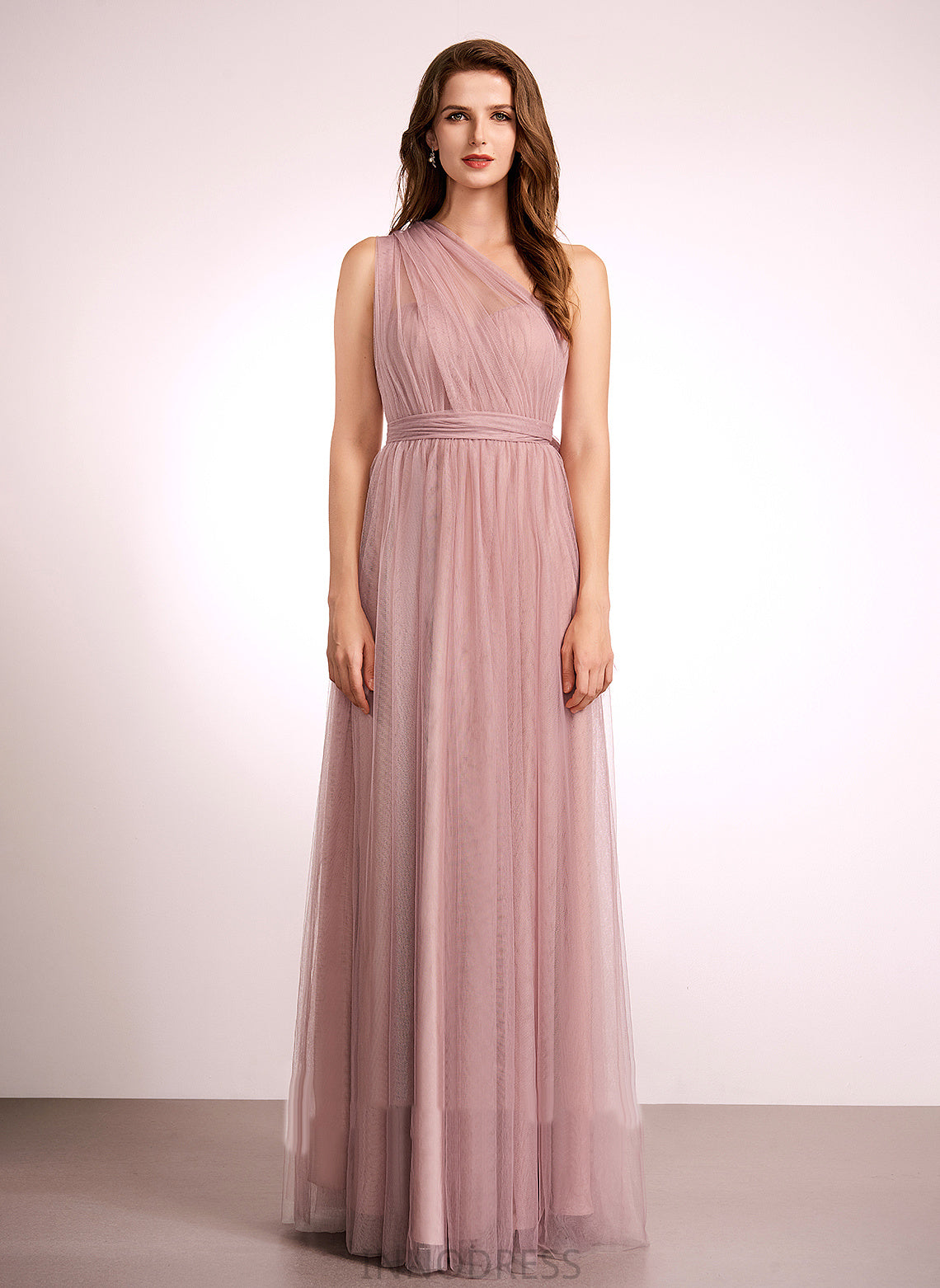 Fabric One-Shoulder Off-the-Shoulder Neckline A-Line Floor-Length Tulle Straps Silhouette V-neck Length Emmalee Bridesmaid Dresses