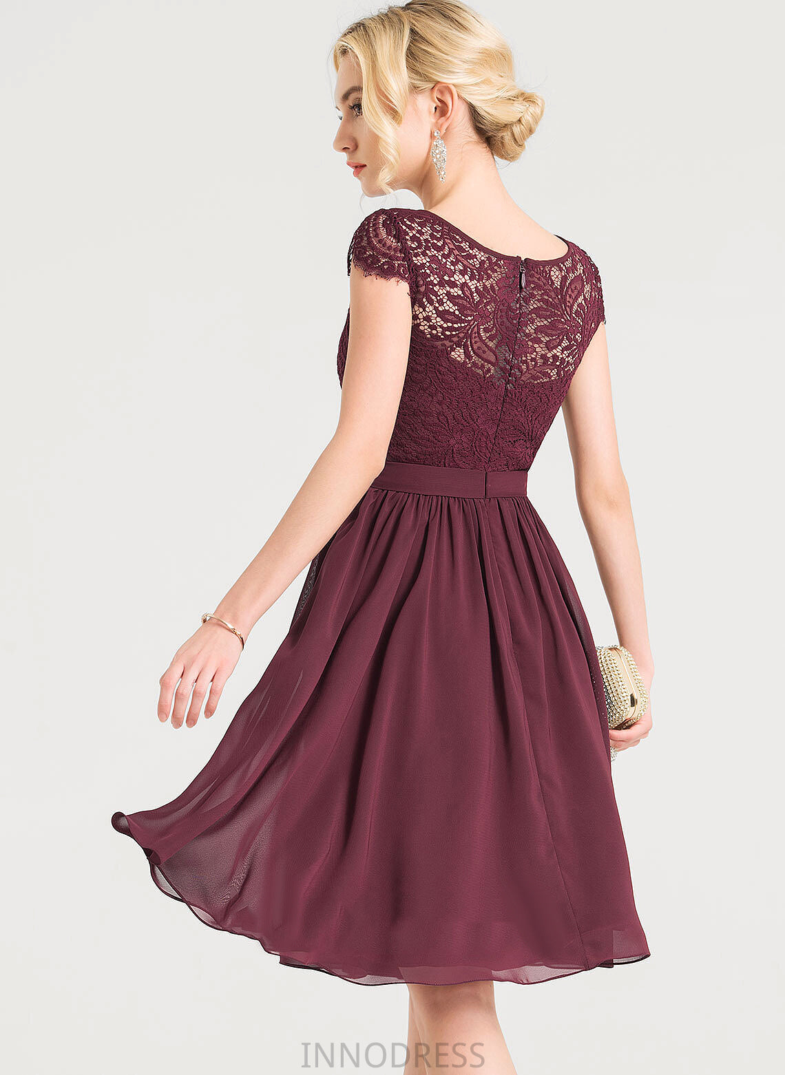 Sleeve Knee-Length ScoopNeck Neckline Silhouette Fabric A-Line Lace Length Skyla Floor Length V-Neck Bridesmaid Dresses