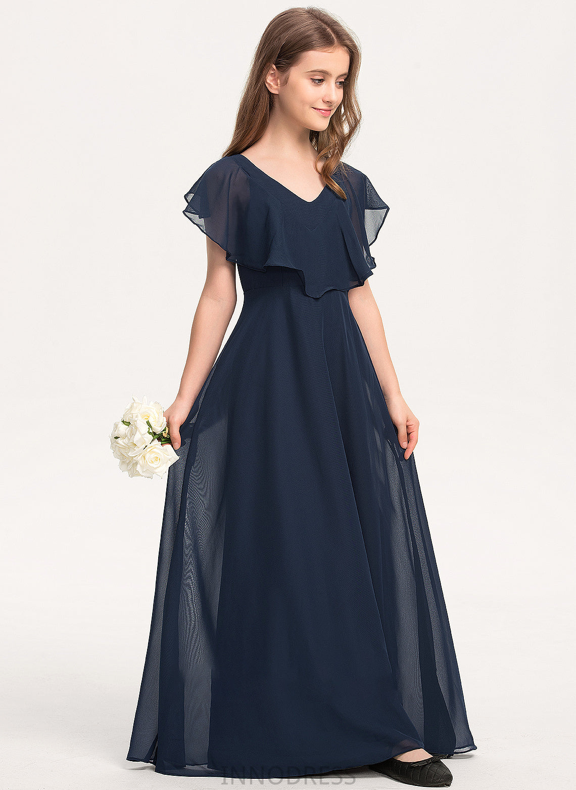 A-Line V-neck Junior Bridesmaid Dresses Jaylyn Floor-Length Chiffon