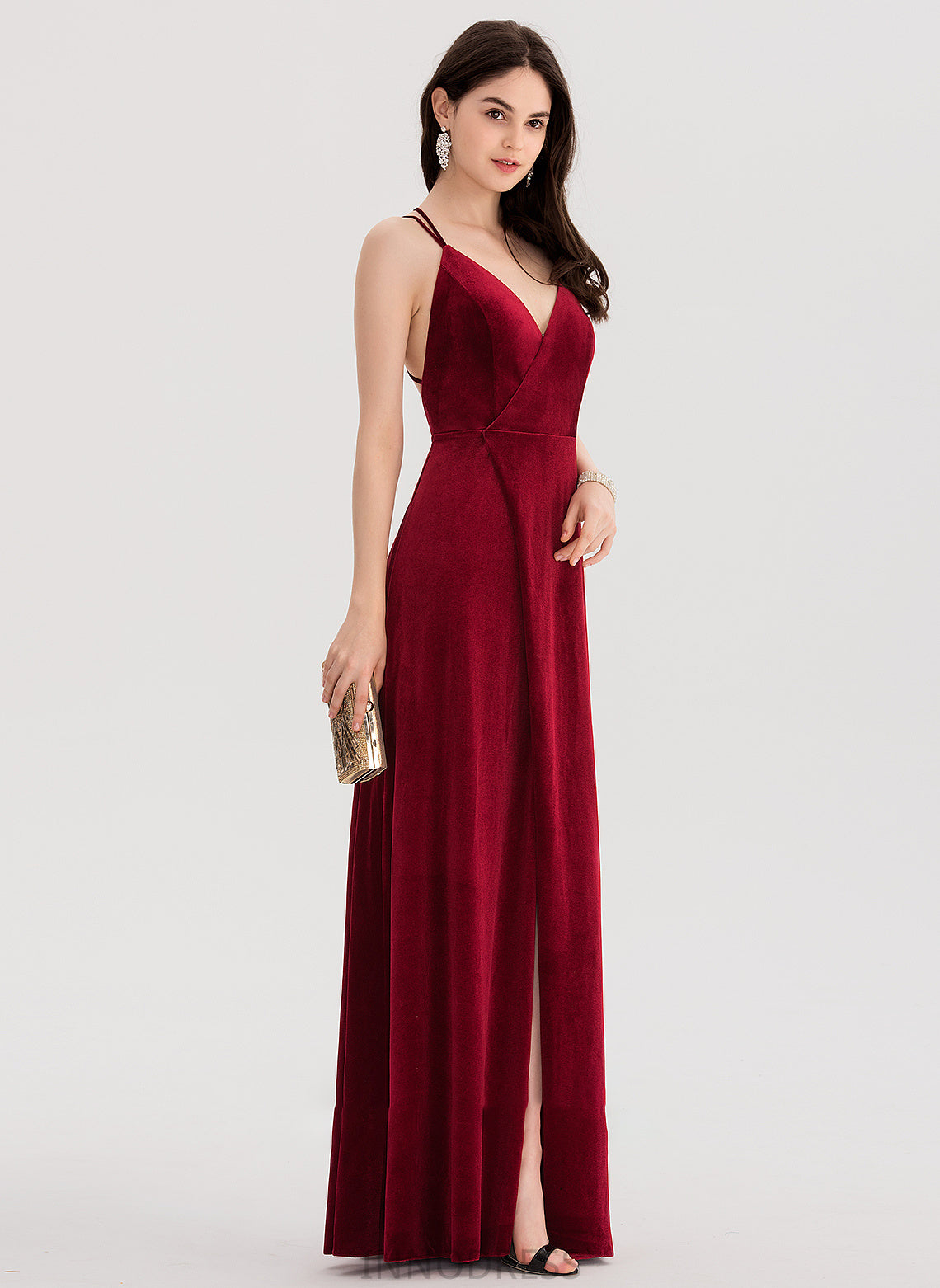 Split V-neck Halle A-Line Velvet Front Floor-Length Prom Dresses With