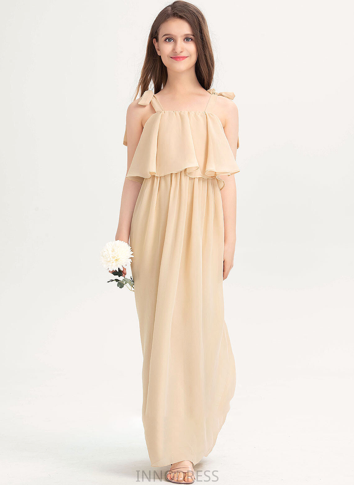 Ruffles Neckline Bow(s) Hope Square A-Line Cascading Chiffon Floor-Length Junior Bridesmaid Dresses With