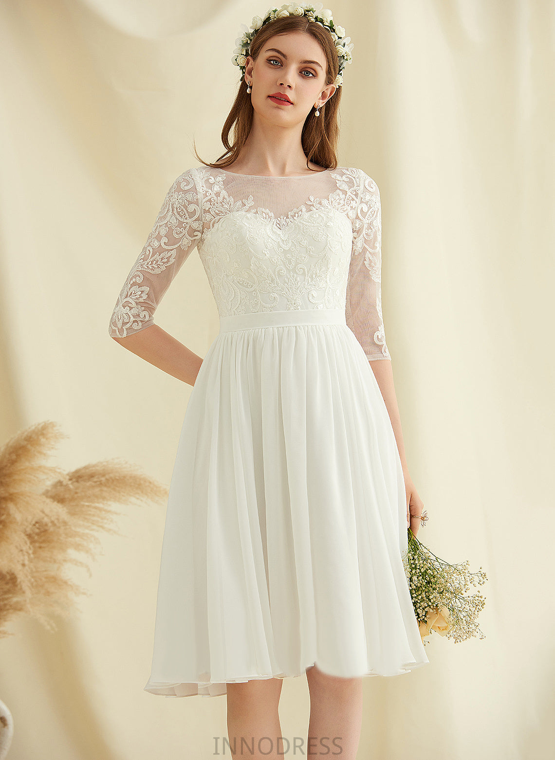 Dress Sequins Scoop Wedding Knee-Length A-Line Chiffon Wedding Dresses Neck Lace Karli With