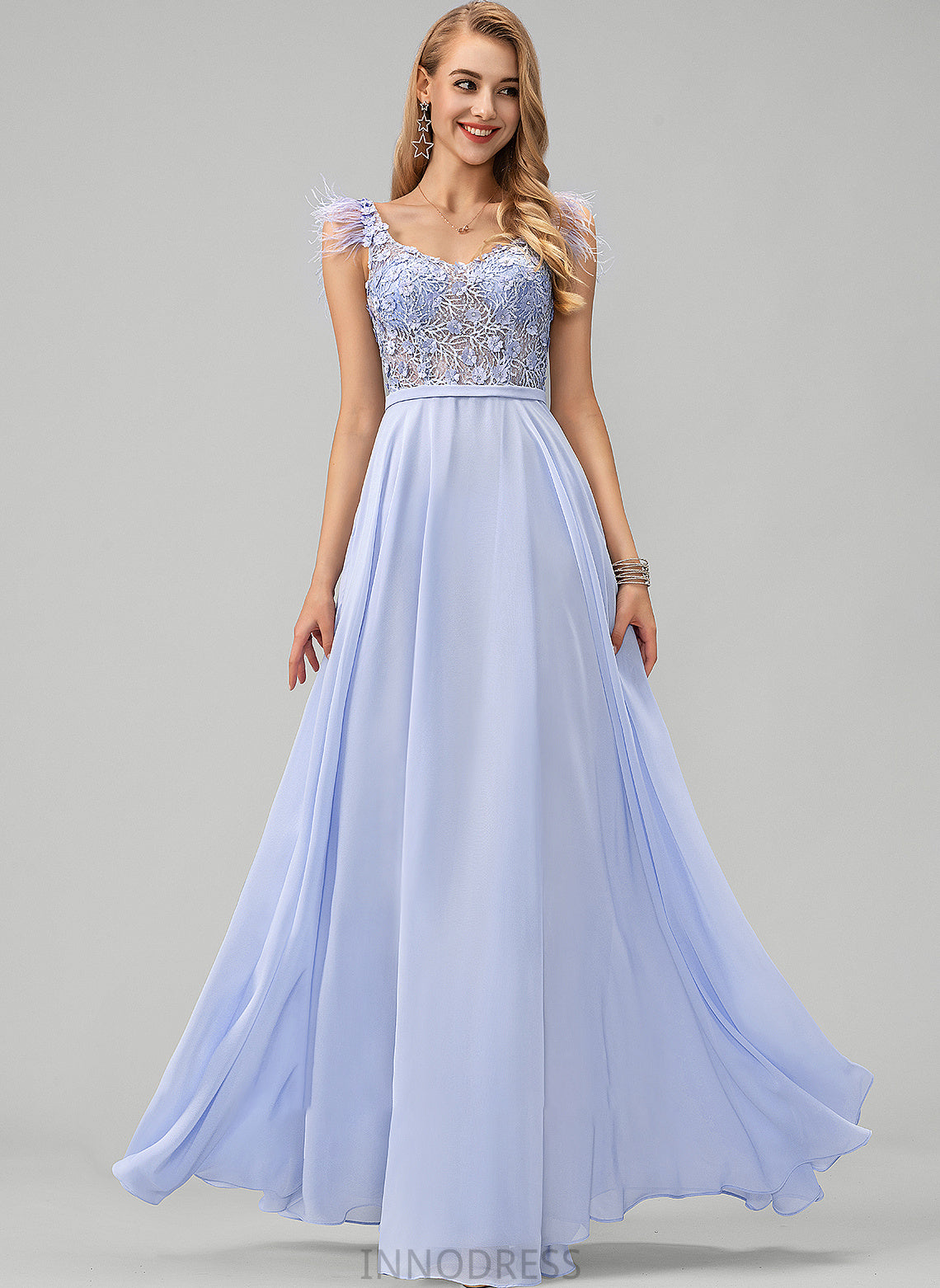 Lace Flower(s) Beading Chiffon Erica Feather Sequins Prom Dresses Floor-Length A-Line V-neck With