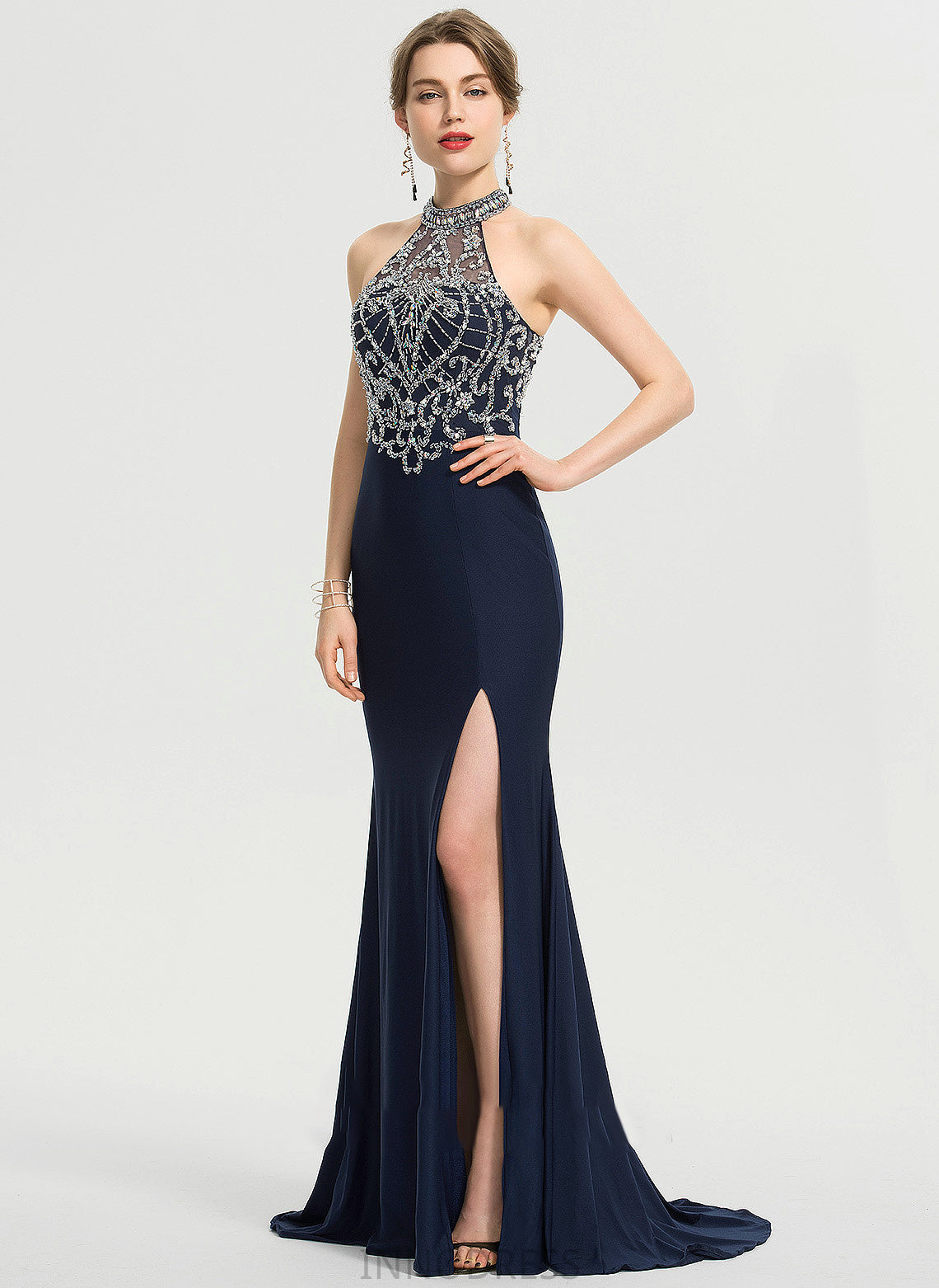 Neck Front Train Split With Sweep Scoop Jersey Prom Dresses Frida Sheath/Column Sequins Beading