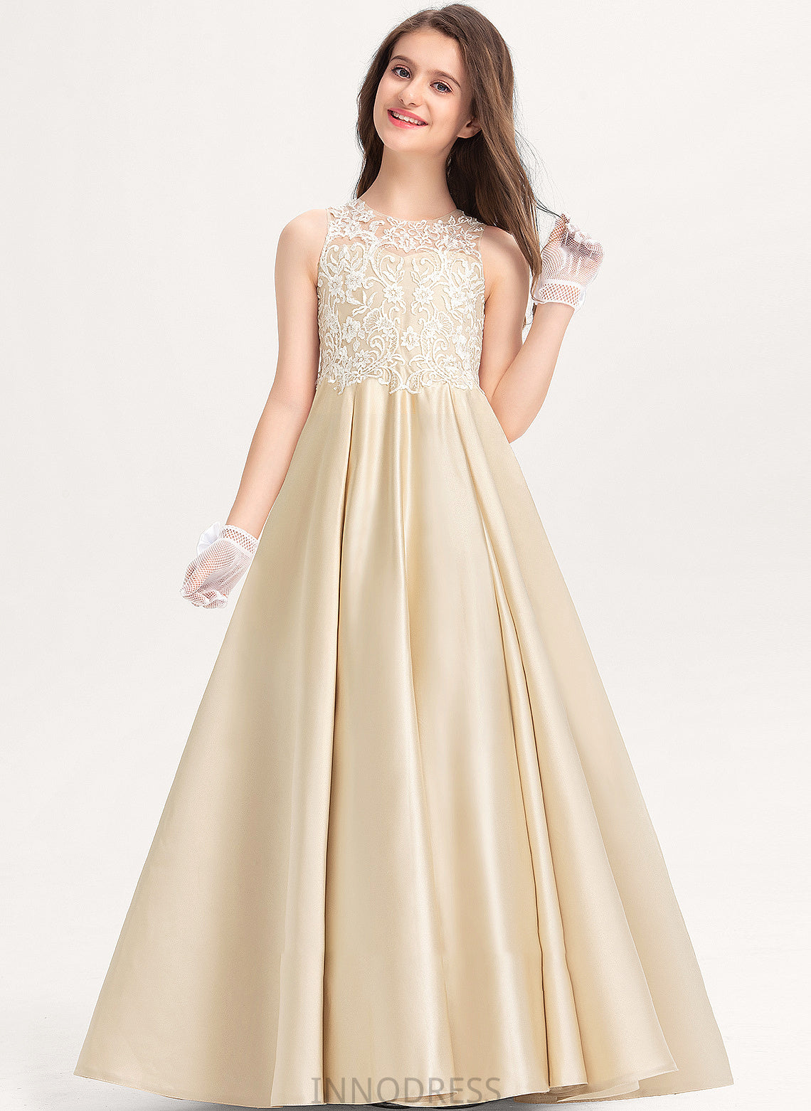 Scoop Satin Ball-Gown/Princess Lace Floor-Length Junior Bridesmaid Dresses Anabel Neck