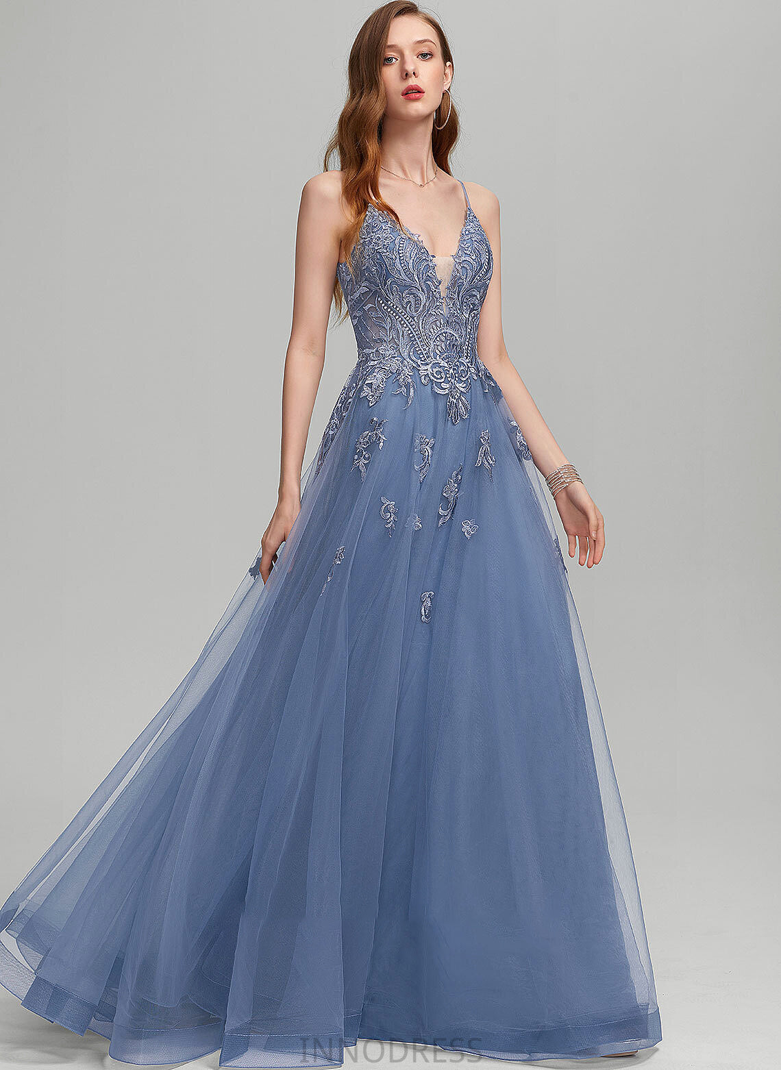 Sequins Claire Tulle A-Line With Prom Dresses Floor-Length V-neck