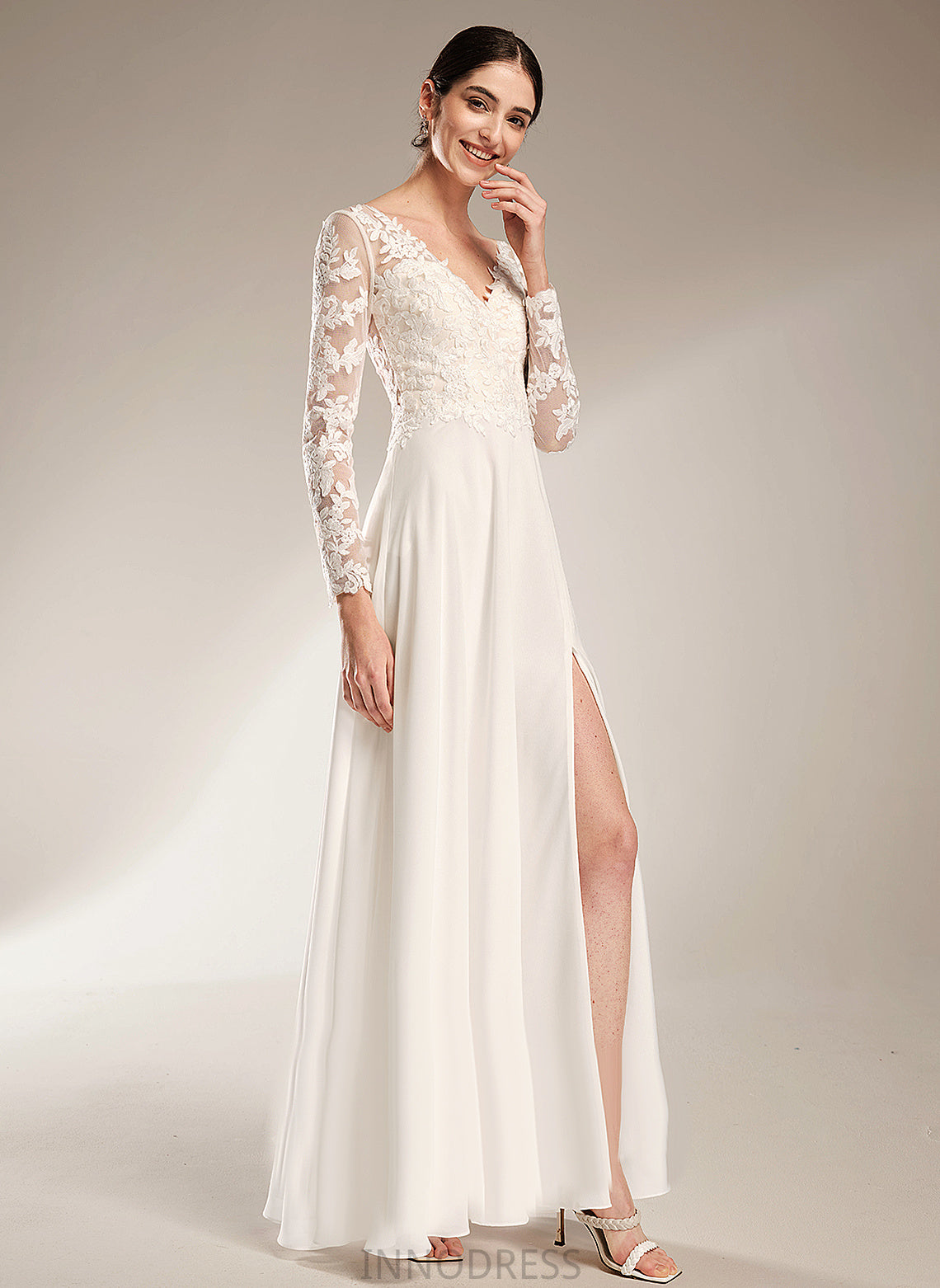 Wedding Dress Marian Chiffon Wedding Dresses V-neck Split Front Floor-Length With A-Line Lace