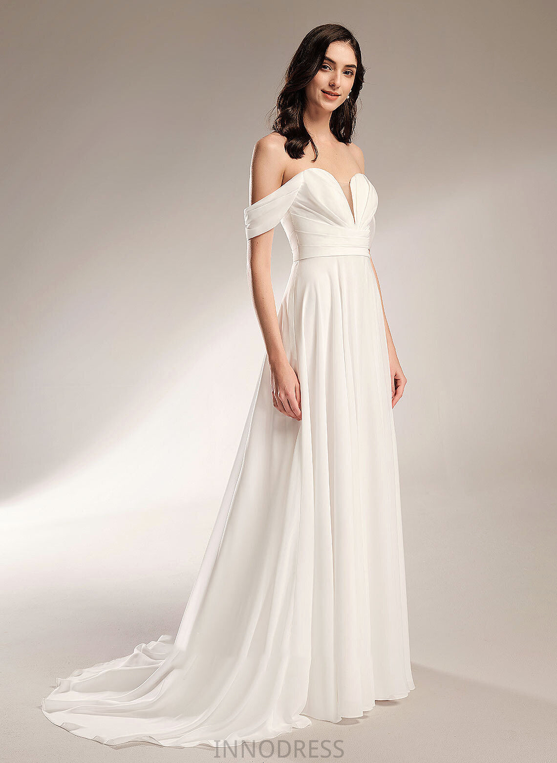 A-Line Wedding Camryn Train Off-the-Shoulder Wedding Dresses Pleated Court Dress With