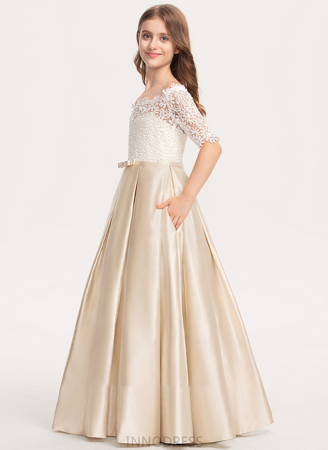 Ball-Gown/Princess Evie Junior Bridesmaid Dresses Floor-Length Lace Satin Bow(s) Off-the-Shoulder Pockets With