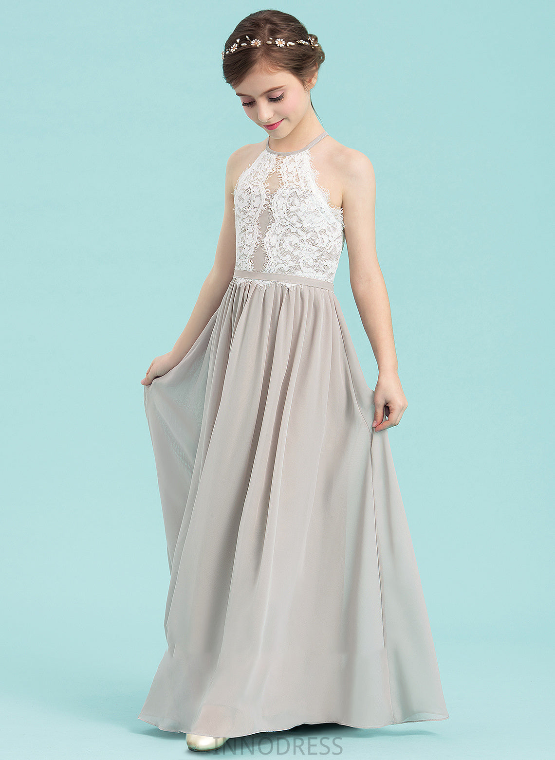 Scoop Floor-Length Neck Junior Bridesmaid Dresses Harley A-Line Chiffon