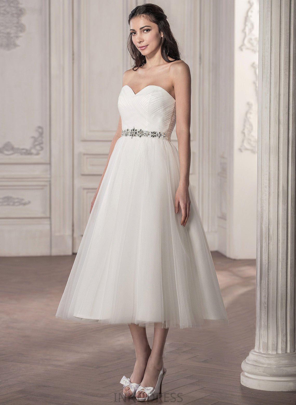 Ruffle Wedding Dresses With Wedding Sequins Sweetheart Beading Tea-Length A-Line Tulle Dress Serena