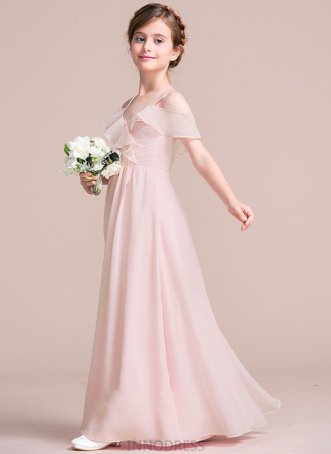 Shayna Ruffles Floor-Length A-Line Cascading V-neck With Junior Bridesmaid Dresses Chiffon