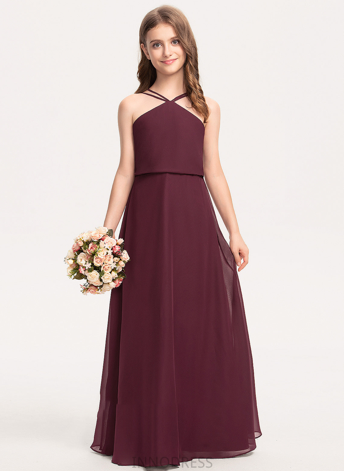 A-Line Chiffon Moriah V-neck Floor-Length Junior Bridesmaid Dresses