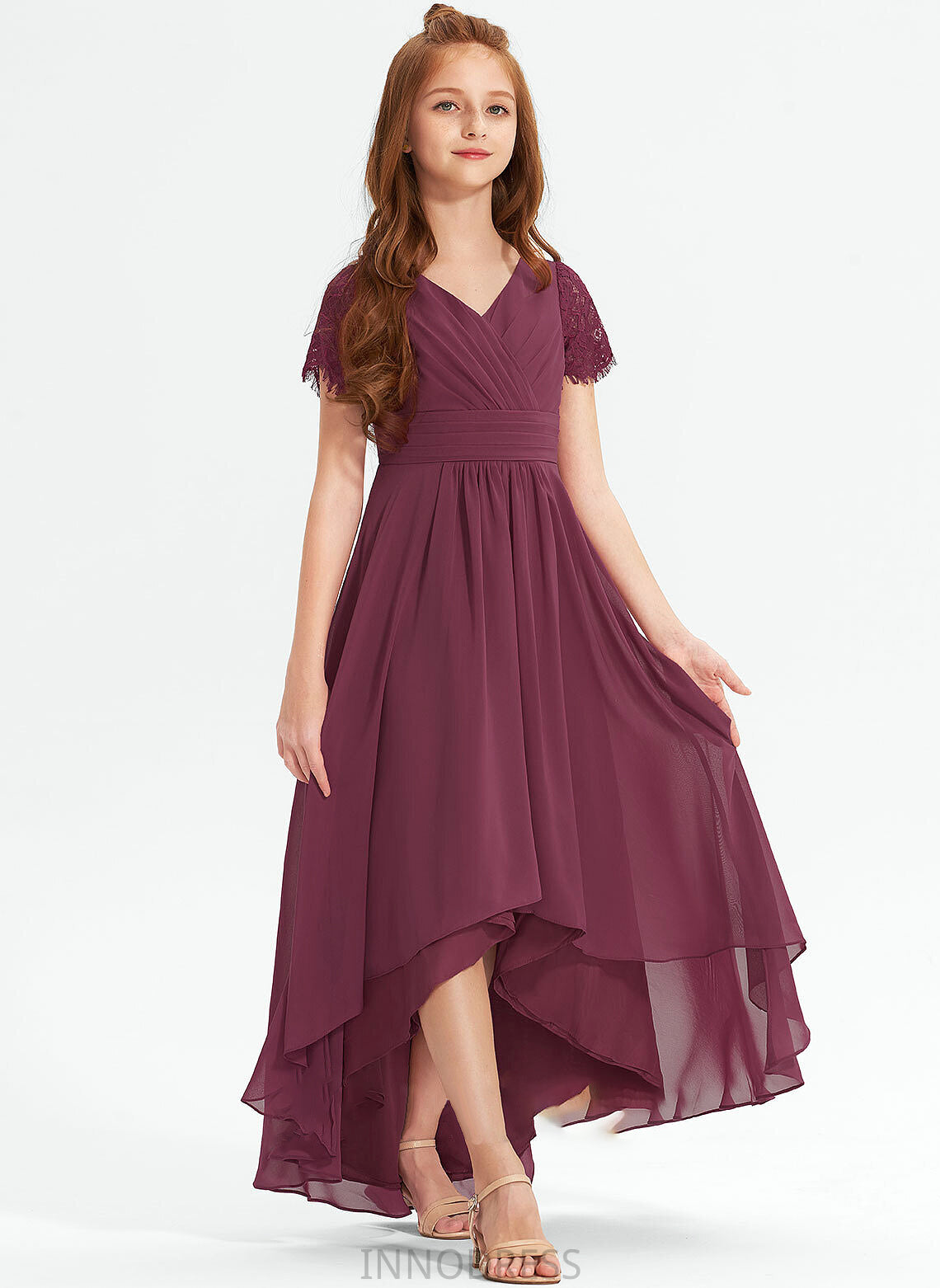 Asymmetrical With A-Line Chiffon Junior Bridesmaid Dresses Ruffle V-neck Lace Jaida