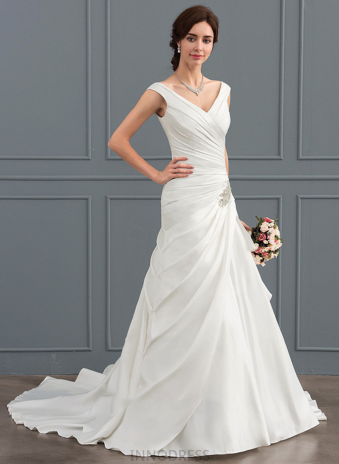 Wedding Wedding Dresses Satin Beading Mavis Dress V-neck Court Train With A-Line