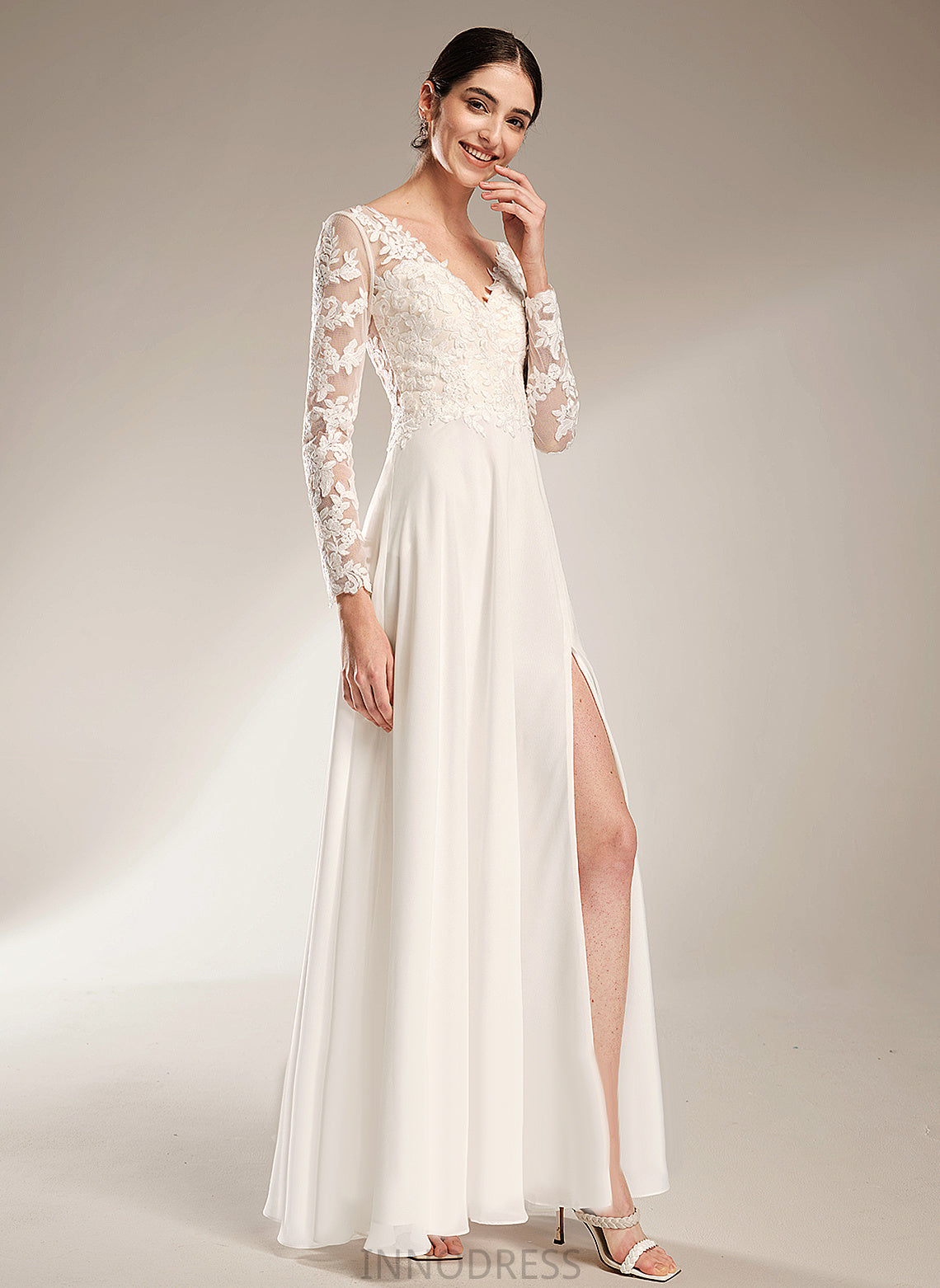 Wedding Wedding Dresses Lace Floor-Length Chiffon Dress A-Line V-neck Magdalena