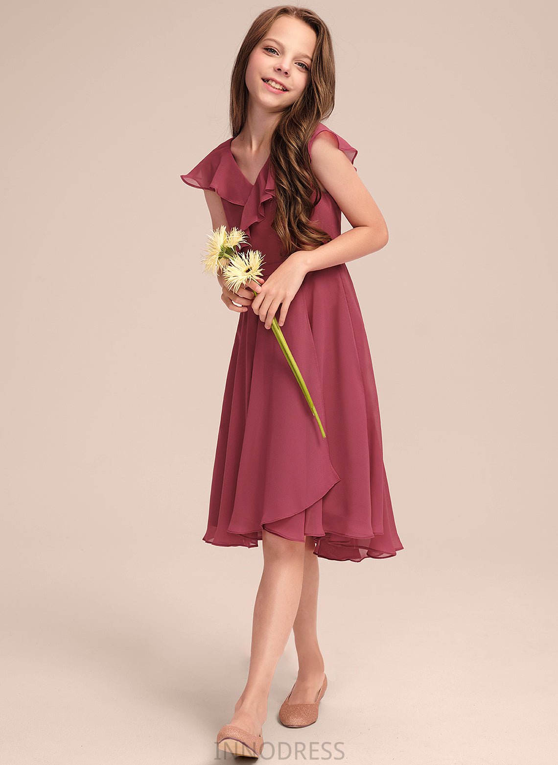 Cascading V-neck Chiffon April Ruffles Junior Bridesmaid Dresses With A-Line Asymmetrical