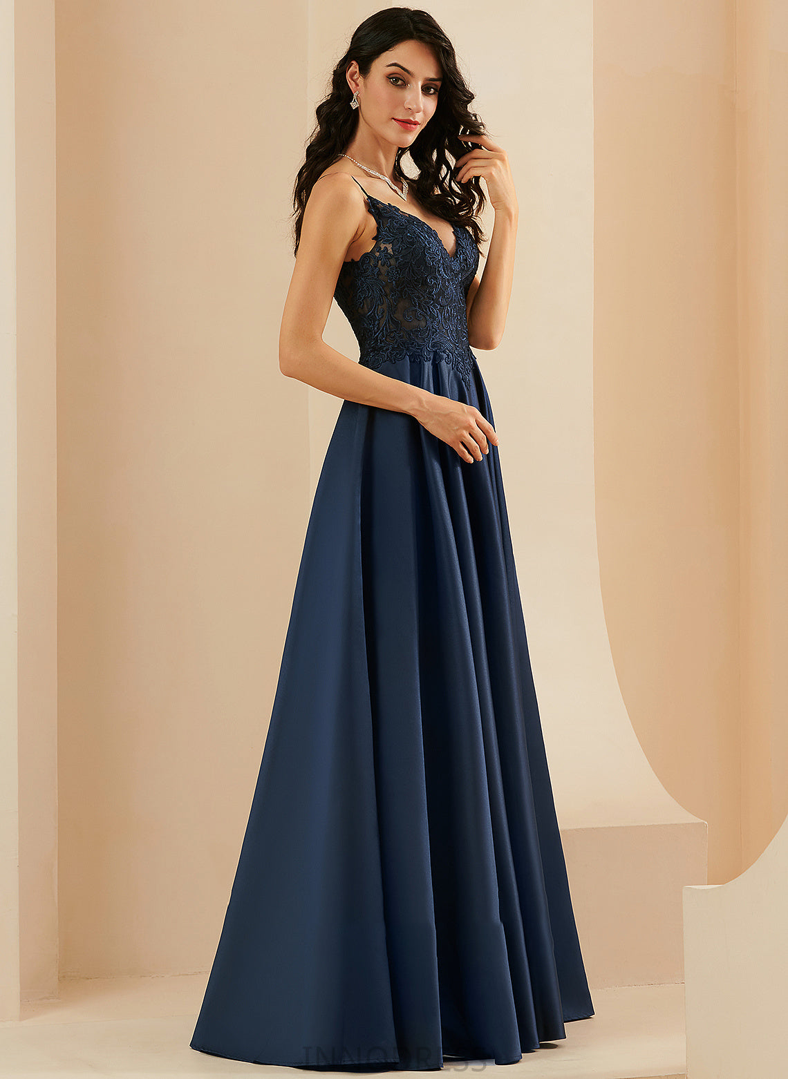 Satin Floor-Length Breanna A-Line Prom Dresses With V-neck Lace