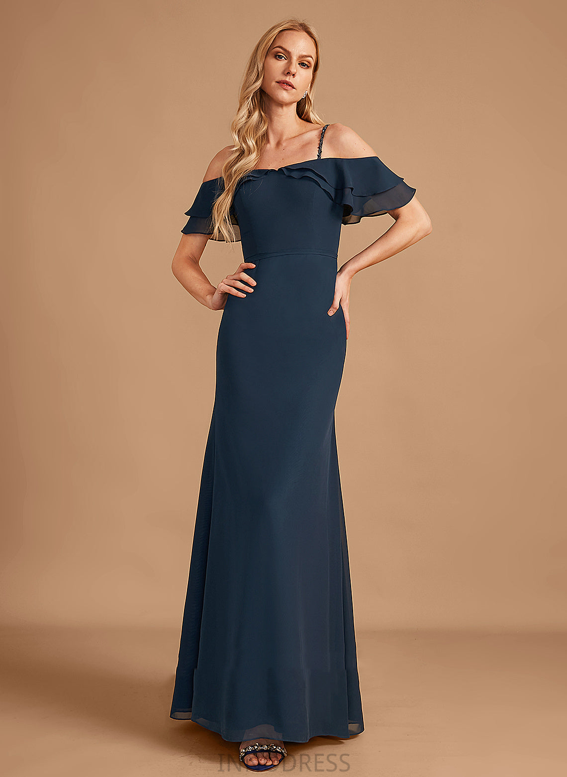 Beading Silhouette Embellishment Neckline Off-the-Shoulder Floor-Length Sheath/Column Fabric Ruffle Length Jaelynn Natural Waist Bridesmaid Dresses