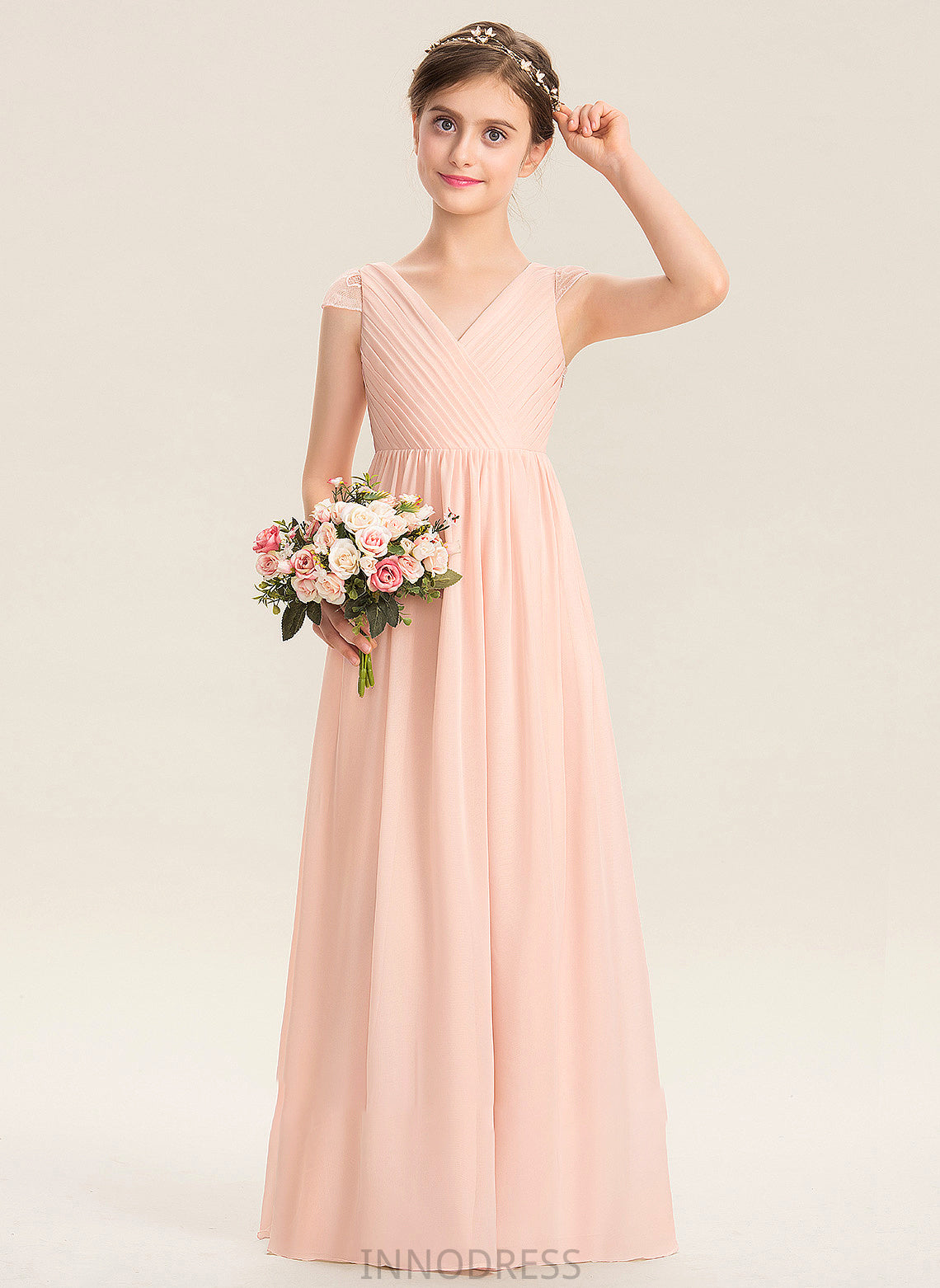 Savanah V-neck Ruffle Junior Bridesmaid Dresses Chiffon With Lace Floor-Length A-Line