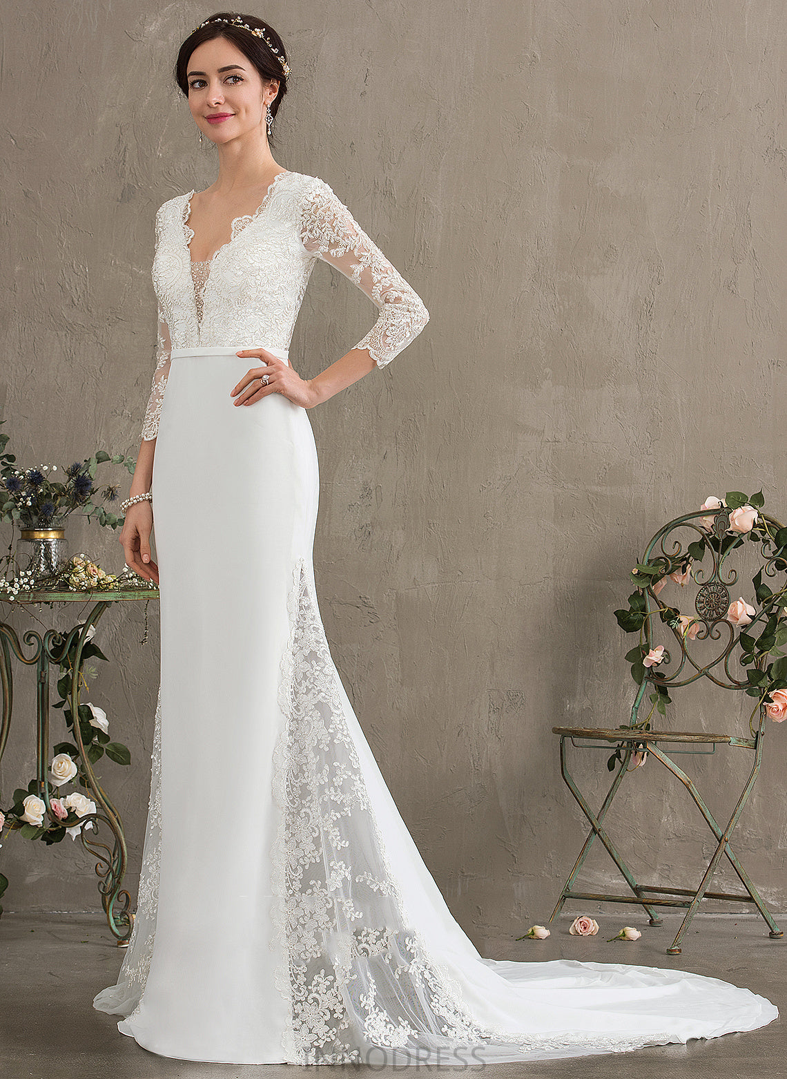 With Trumpet/Mermaid Wedding Dresses Sequins Chapel Dress Chiffon Lace V-neck Beading Train Wedding Myah