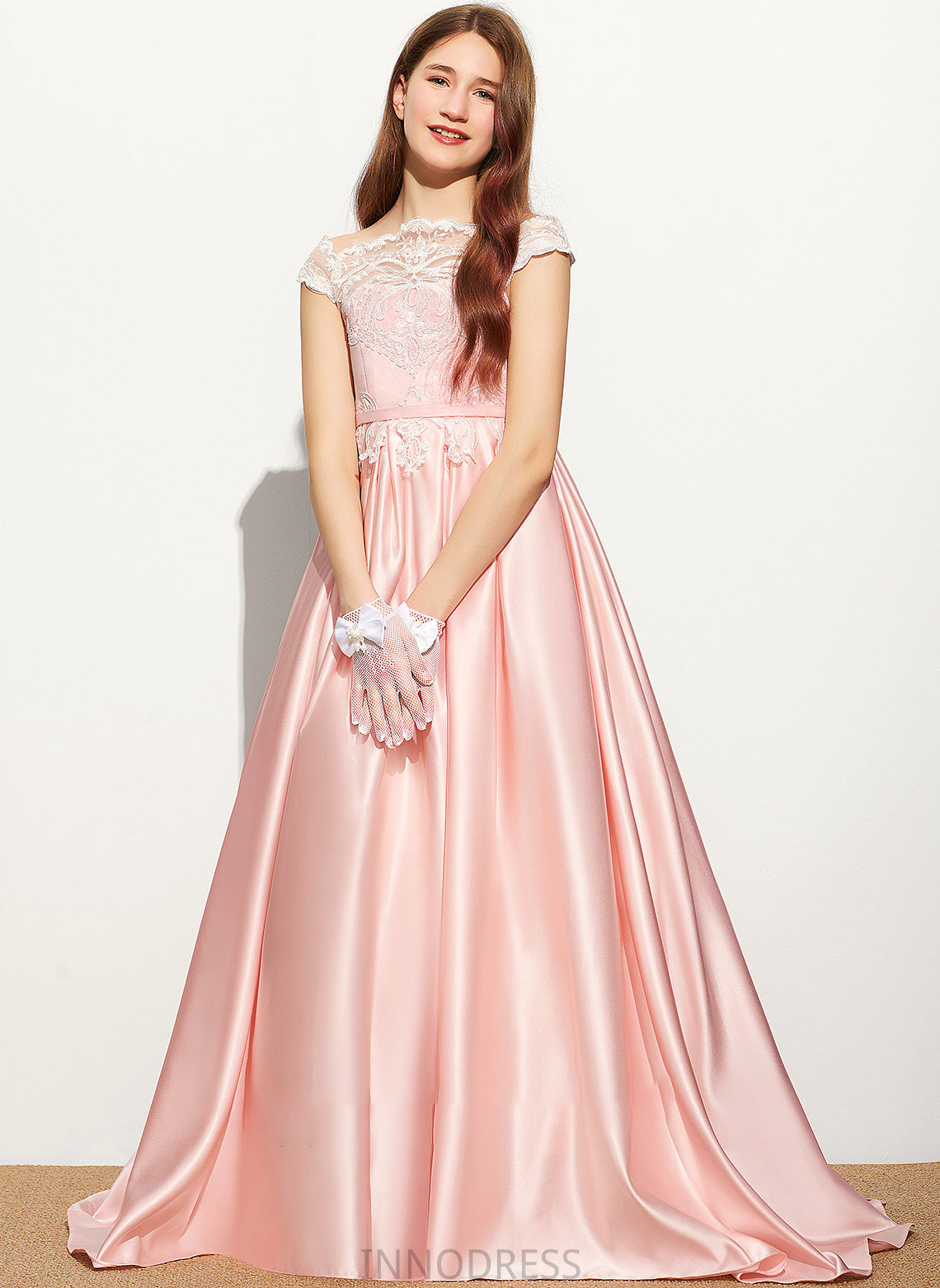 Ball-Gown/Princess Off-the-Shoulder Kamila Satin Lace Sweep Train Junior Bridesmaid Dresses