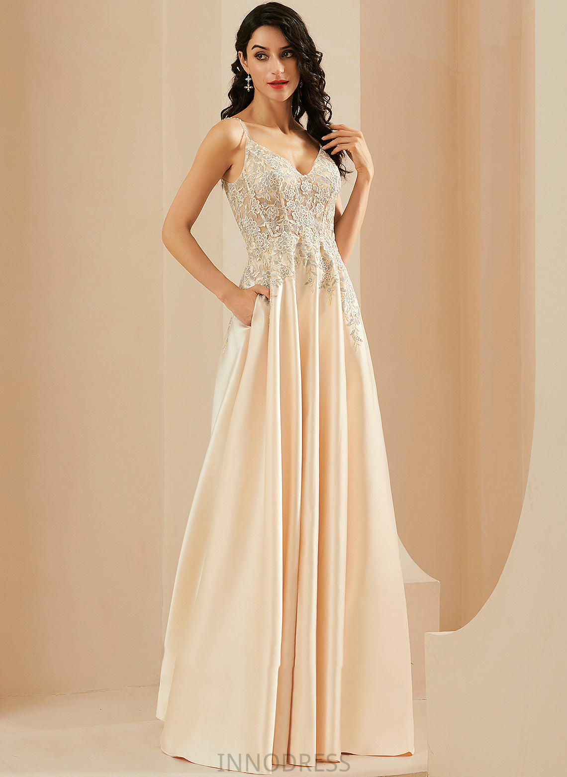 A-Line With V-neck Satin Prom Dresses Aaliyah Lace Floor-Length