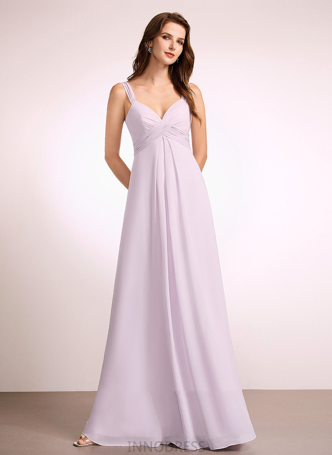 A-Line Embellishment Silhouette Length Fabric Floor-Length Ruffle Neckline V-neck Angelique Natural Waist Sleeveless Bridesmaid Dresses