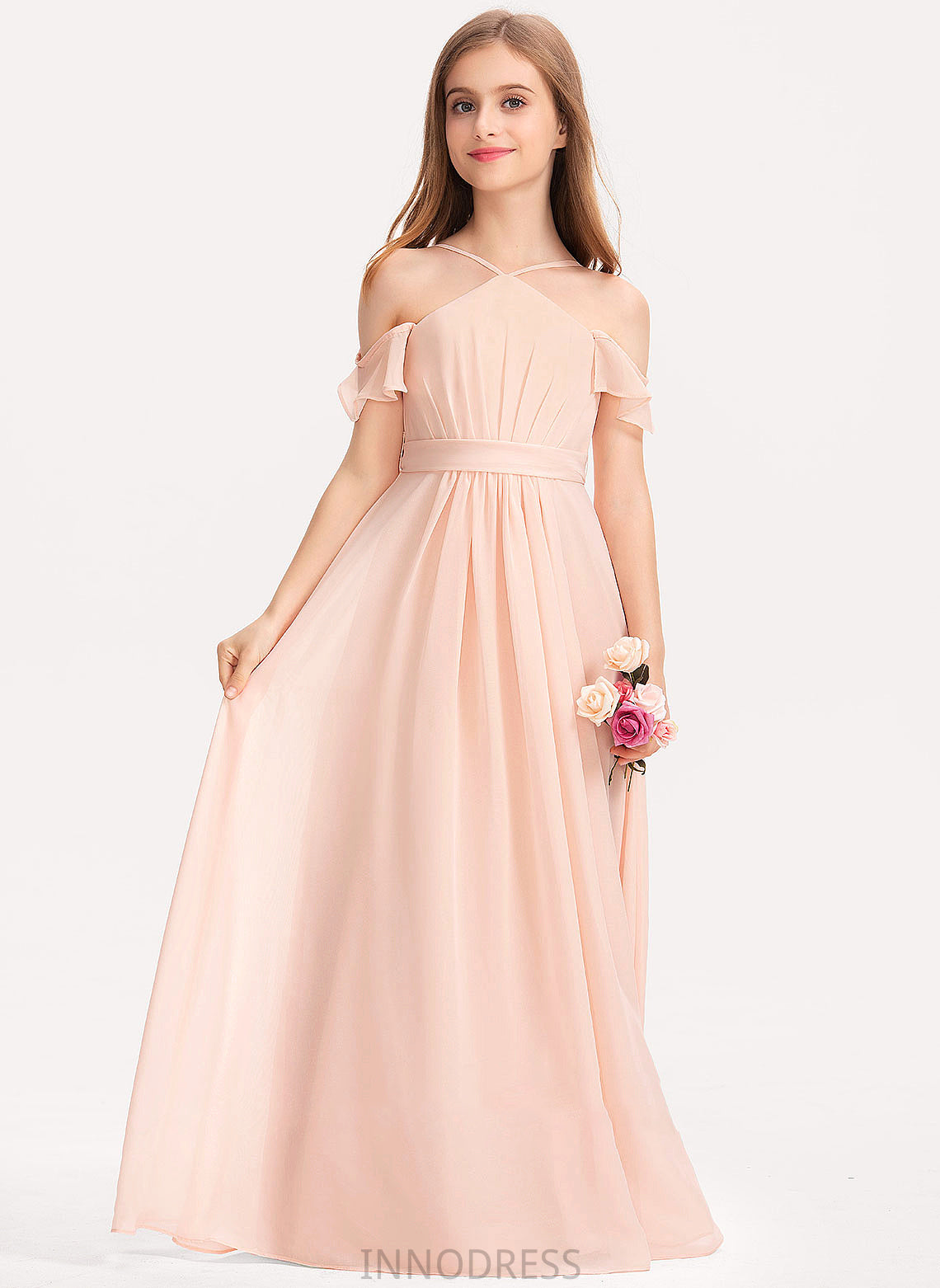 Junior Bridesmaid Dresses Talia V-neck A-Line Floor-Length Chiffon Ruffle With Bow(s)