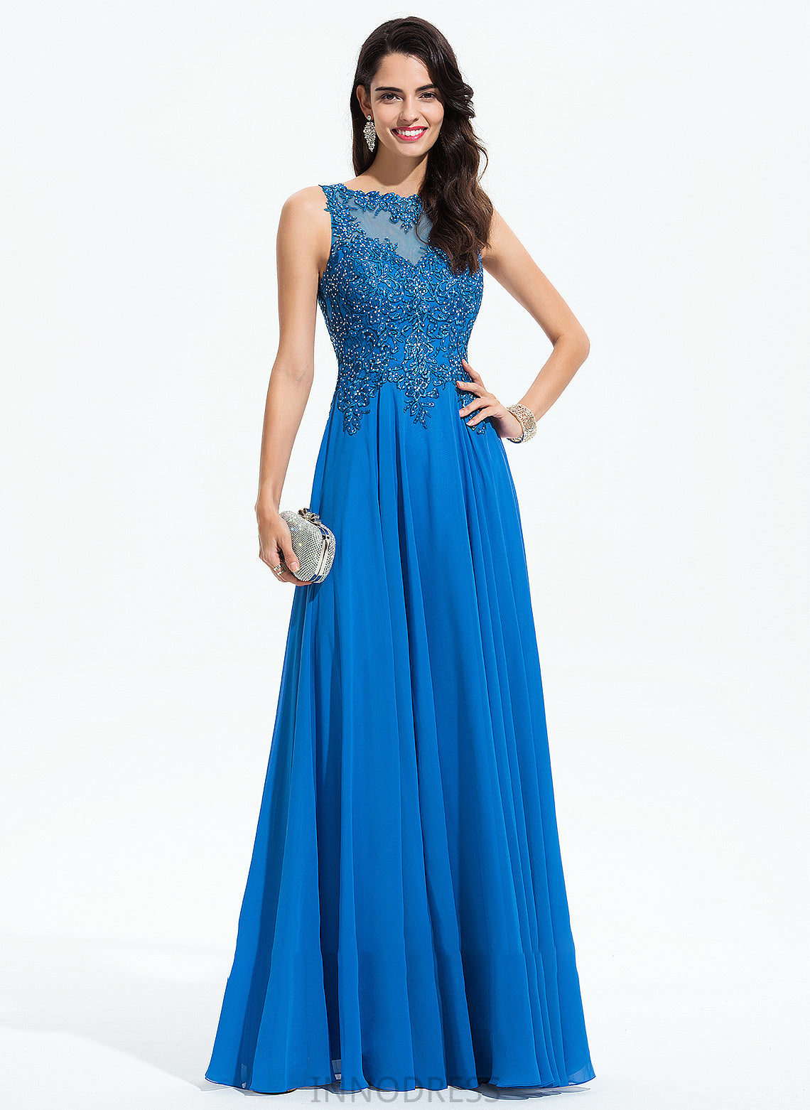 Sequins Prom Dresses Barbara Scoop Chiffon Floor-Length Beading Neck Lace A-Line With