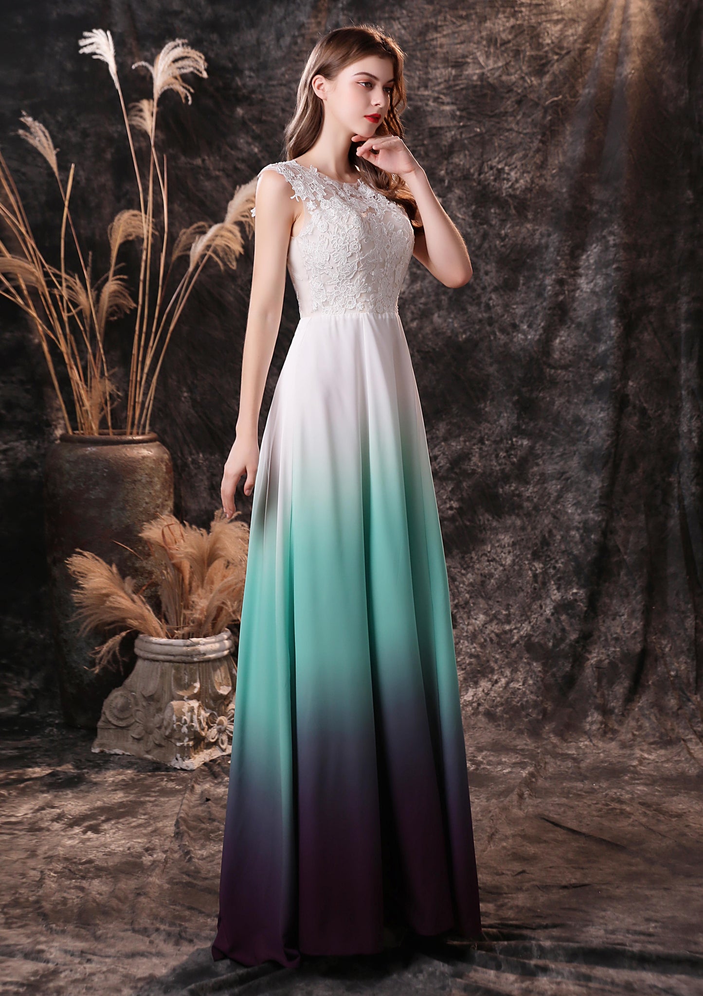 Sleeveless Chiffon Floor Length Open Back Prom Dresses