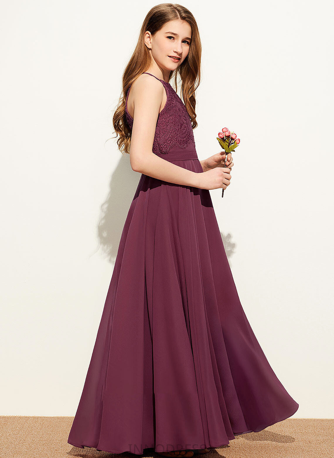 A-Line Neckline Floor-Length Square Melany Lace Junior Bridesmaid Dresses Chiffon