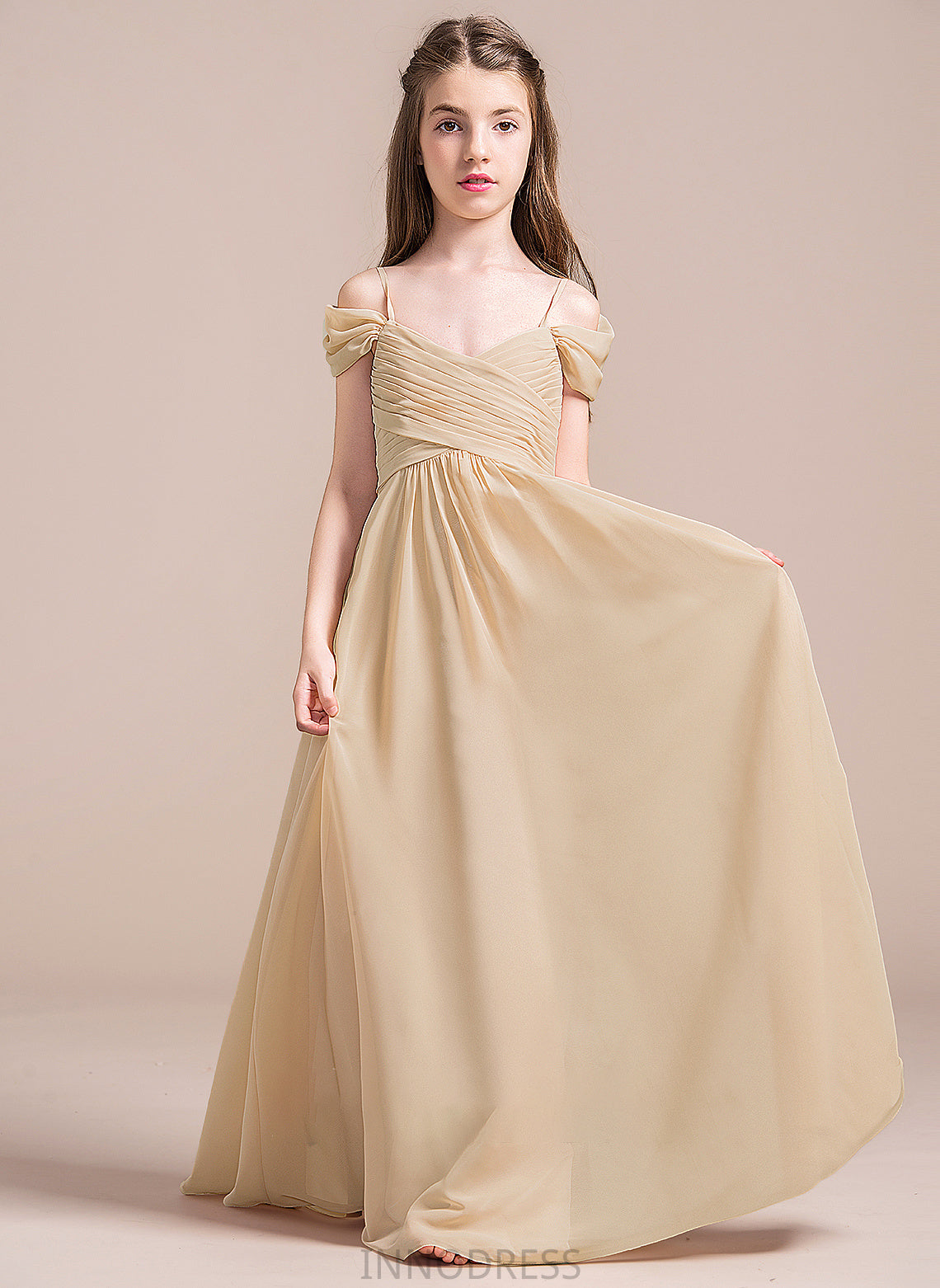 Chiffon Floor-Length A-Line Ruffle Junior Bridesmaid Dresses Off-the-Shoulder With Leslie