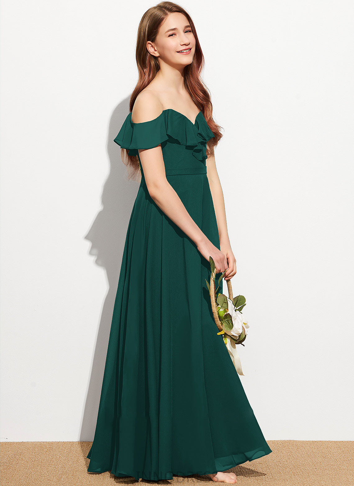 Cascading Junior Bridesmaid Dresses Off-the-Shoulder A-Line With Ruffles Callie Floor-Length Chiffon