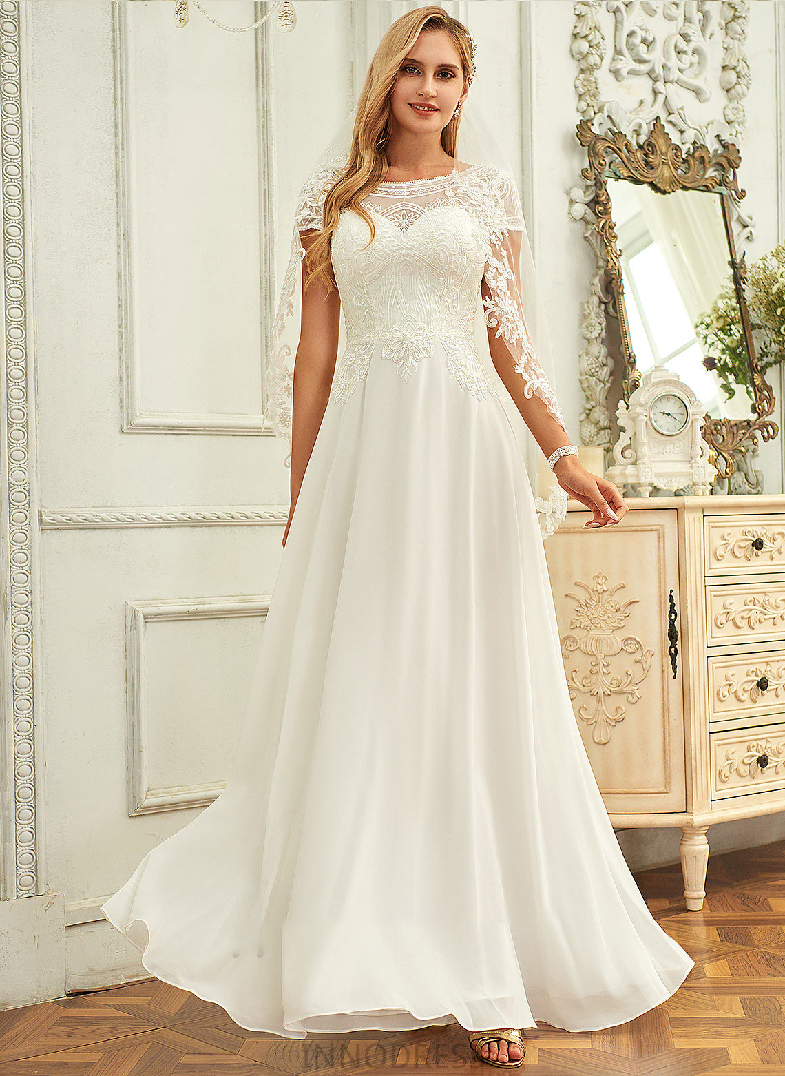 Elizabeth Sequins Neck Floor-Length Chiffon Wedding Dress With A-Line Lace Scoop Wedding Dresses