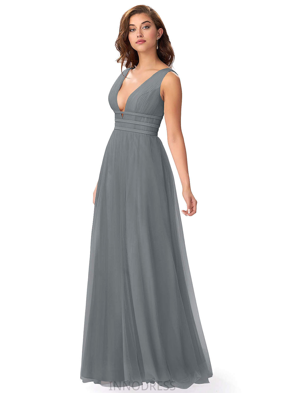 Mira V-Neck Natural Waist A-Line/Princess Satin Sleeveless Floor Length Bridesmaid Dresses