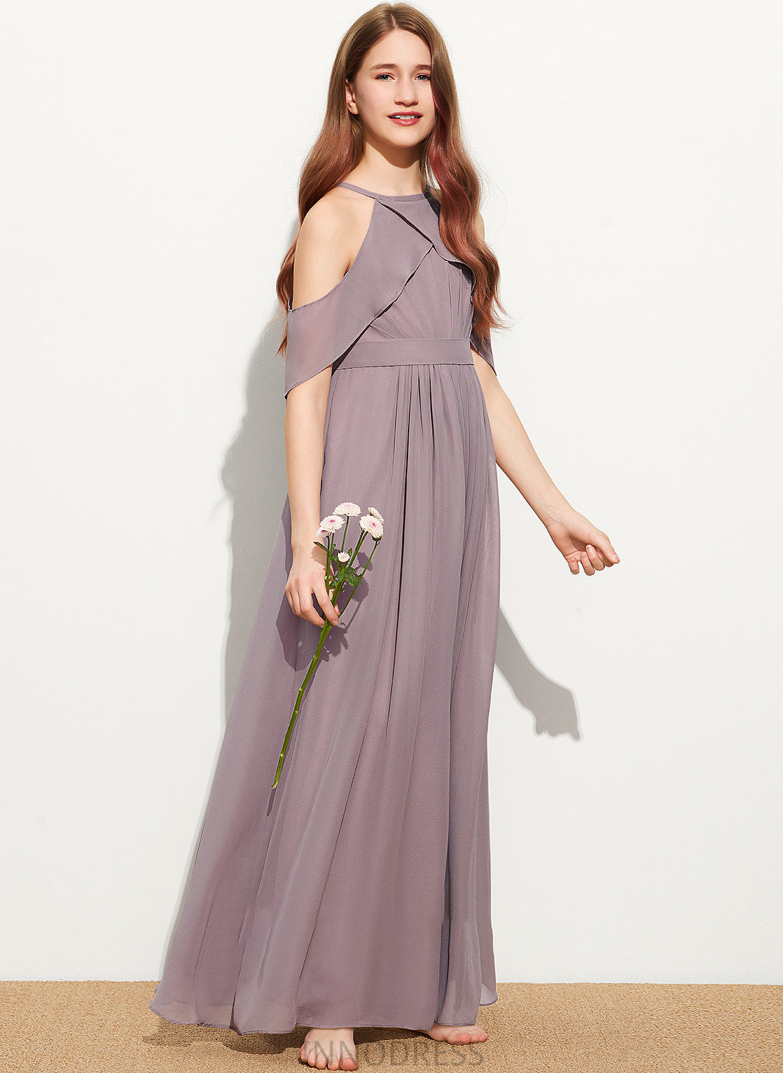 A-Line Chiffon Floor-Length Junior Bridesmaid Dresses With Neck Scoop Ruffle Kelsey