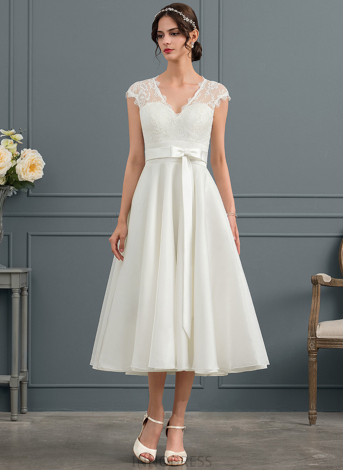 Raegan Bow(s) A-Line Satin Tea-Length Wedding Wedding Dresses Dress With V-neck