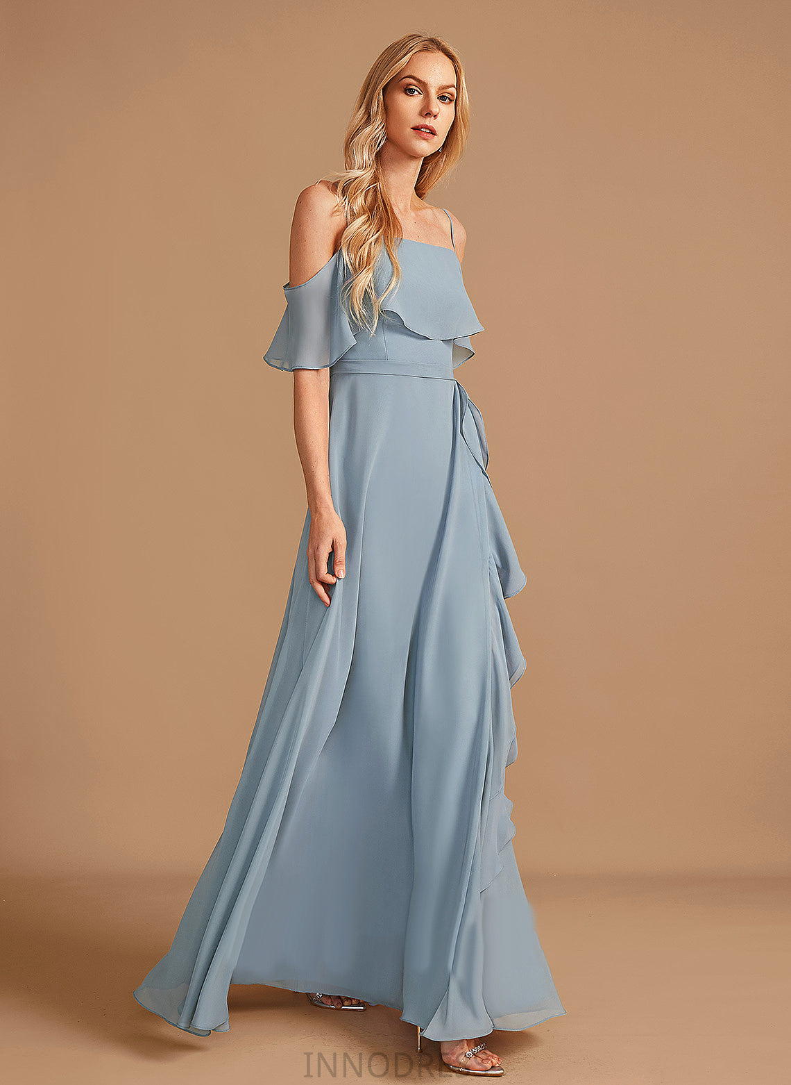 SplitFront Embellishment Length Neckline Ruffle Fabric Off-the-Shoulder A-Line Floor-Length Silhouette Emery Sleeveless Bridesmaid Dresses