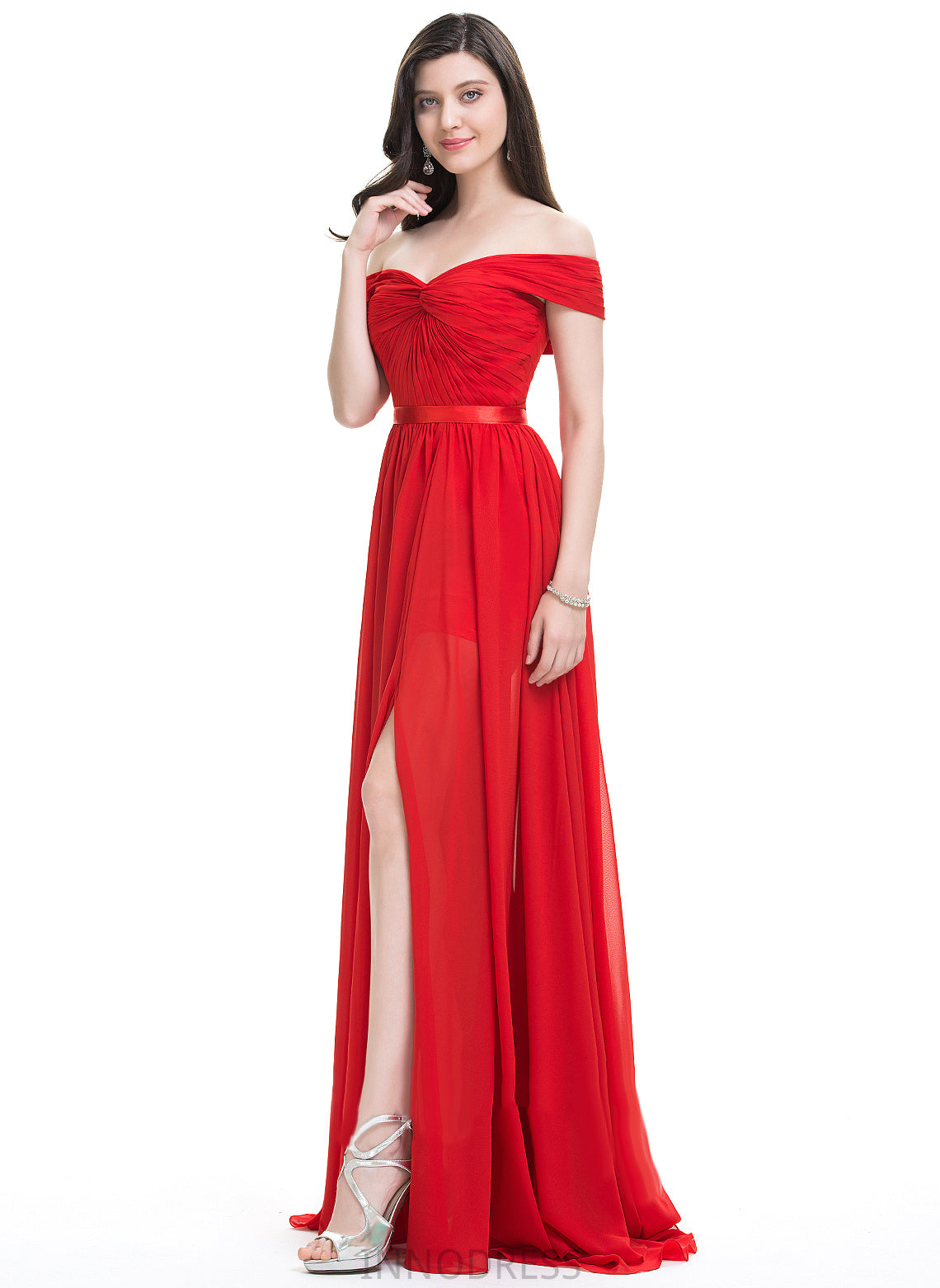 Ruffle Silhouette A-Line SweepTrain Fabric Length Embellishment Off-the-Shoulder Neckline Belen Sleeveless Floor Length Bridesmaid Dresses