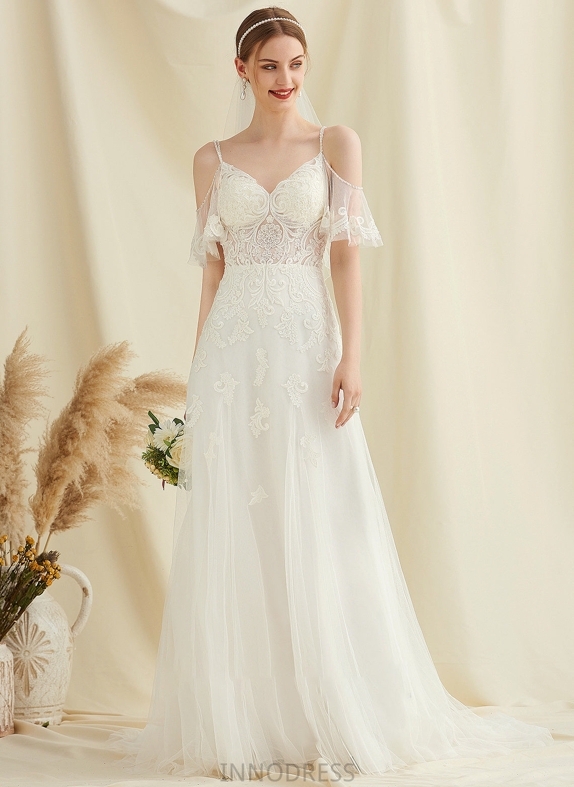 Beading Train Sweep Tulle Wedding Dresses With Lace Dress Cecelia Wedding A-Line