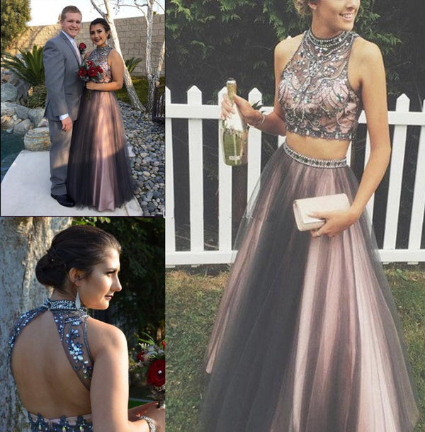 Two Piece A Line Halter Sleeveless Keyhole Back Beading Prom Dresses