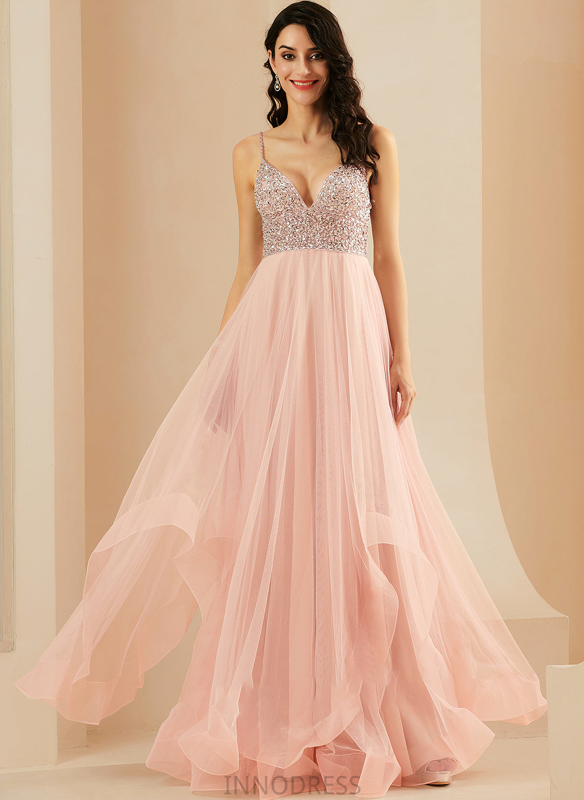 V-neck Beading Floor-Length Tulle Prom Dresses A-Line Heidy Sequins With